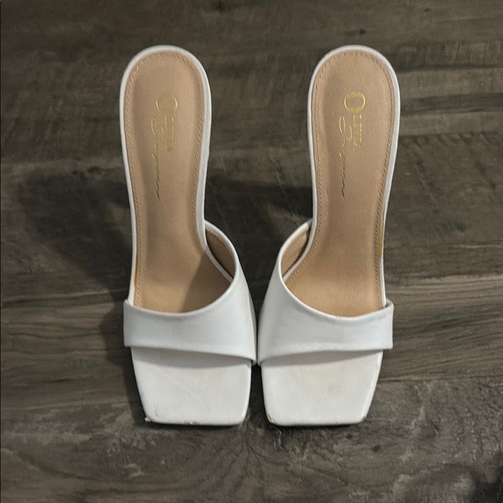 White Square Toe Slide Heels with Single Strap